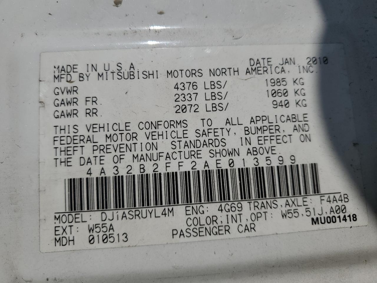 2010 Mitsubishi Galant Fe VIN: 4A32B2FF2AE013599 Lot: 65039434