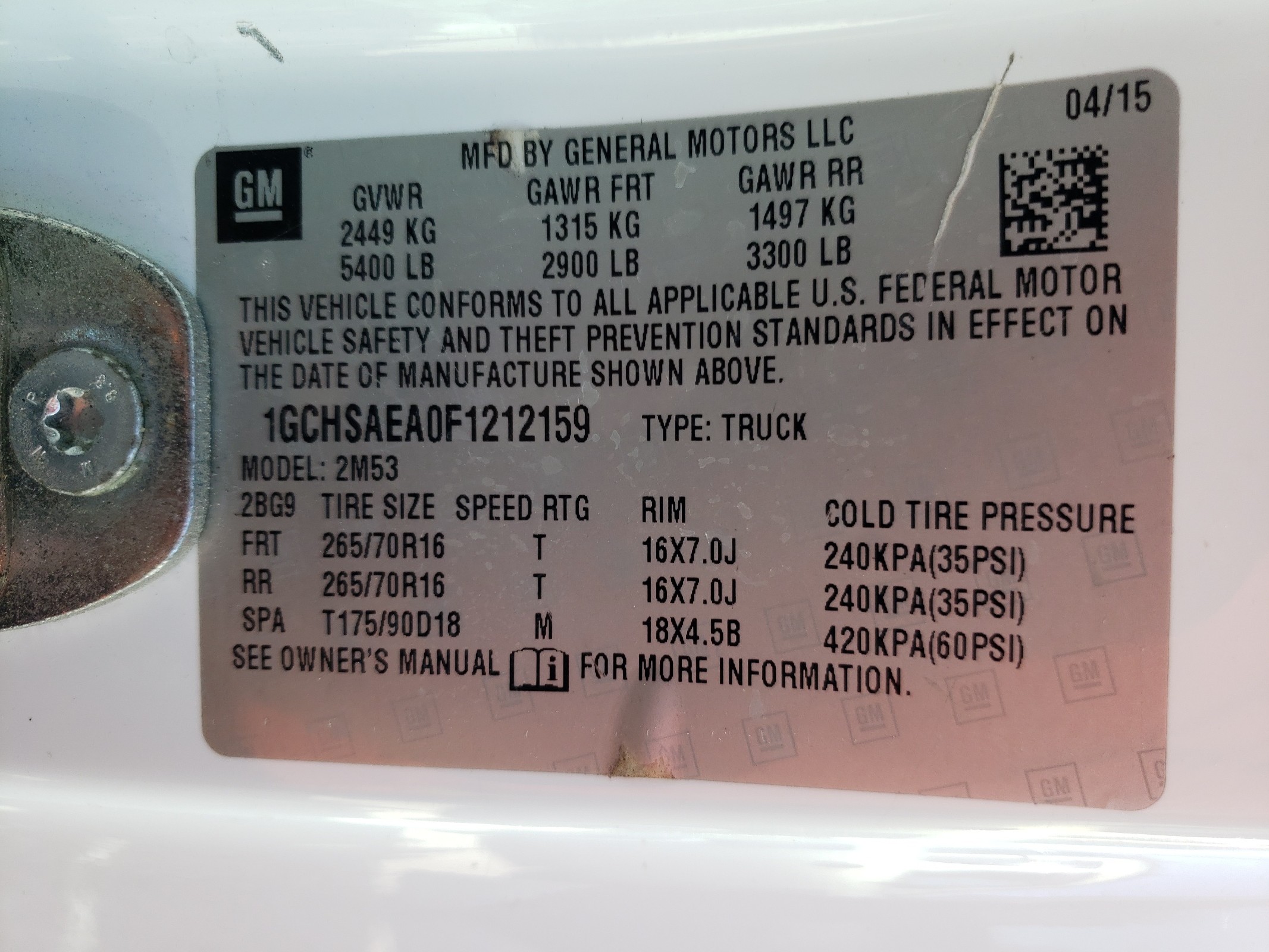 1GCHSAEA0F1212159 2015 Chevrolet Colorado