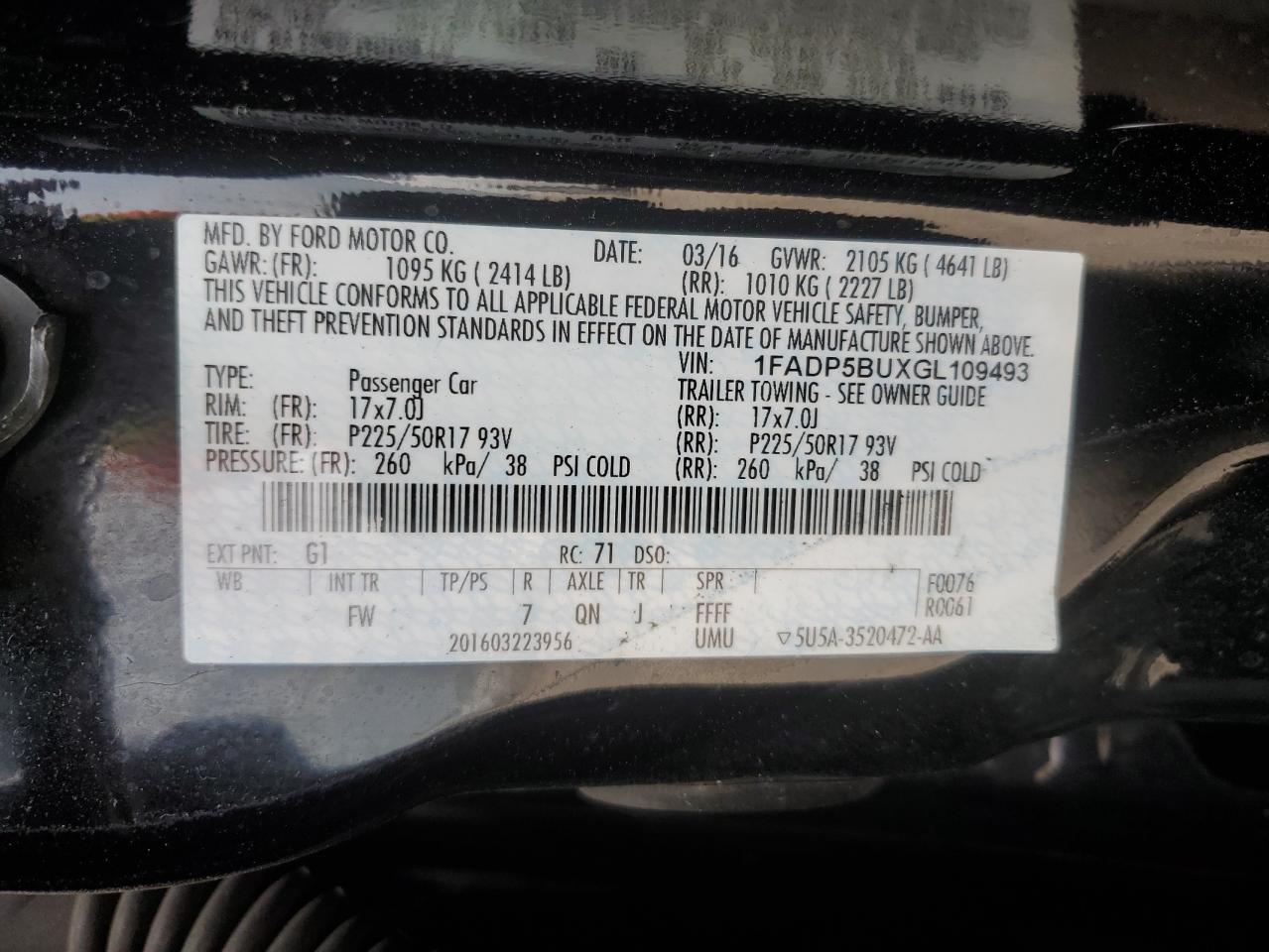 2016 Ford C-Max Sel VIN: 1FADP5BUXGL109493 Lot: 62110044