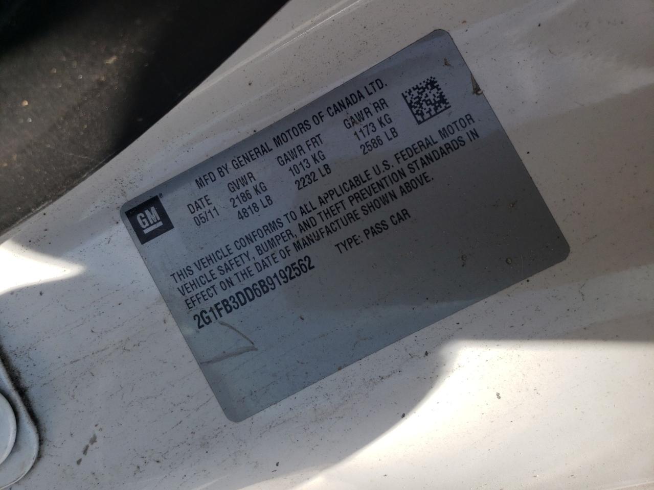 2011 Chevrolet Camaro Lt VIN: 2G1FB3DD6B9192562 Lot: 62331814