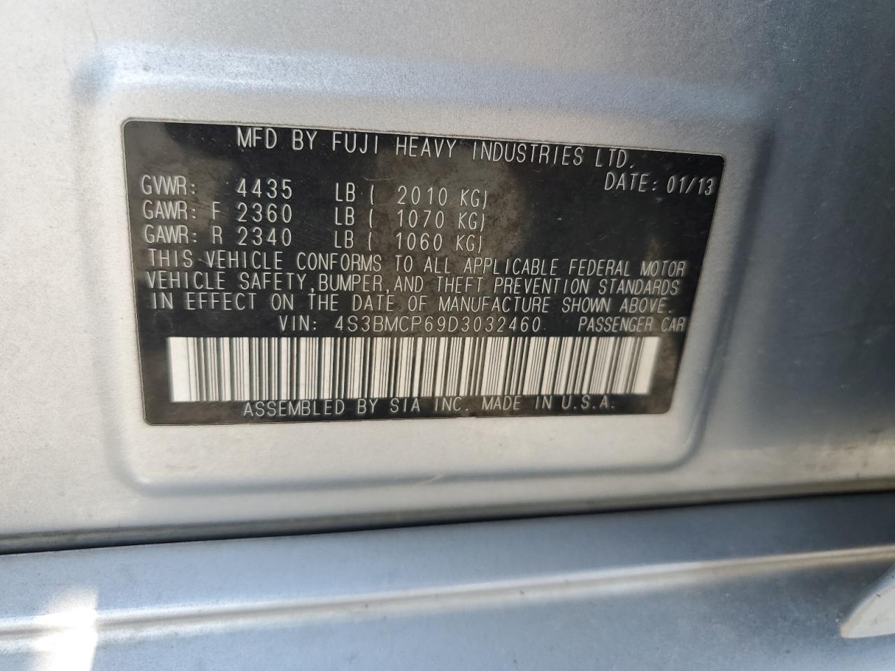 2013 Subaru Legacy 2.5I Limited VIN: 4S3BMCP69D3032460 Lot: 63272864