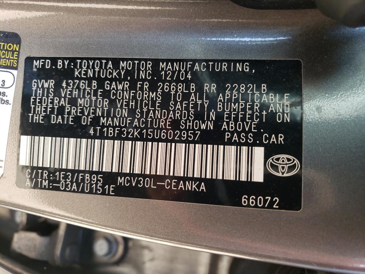 2005 Toyota Camry Le VIN: 4T1BF32K15U602957 Lot: 63795194