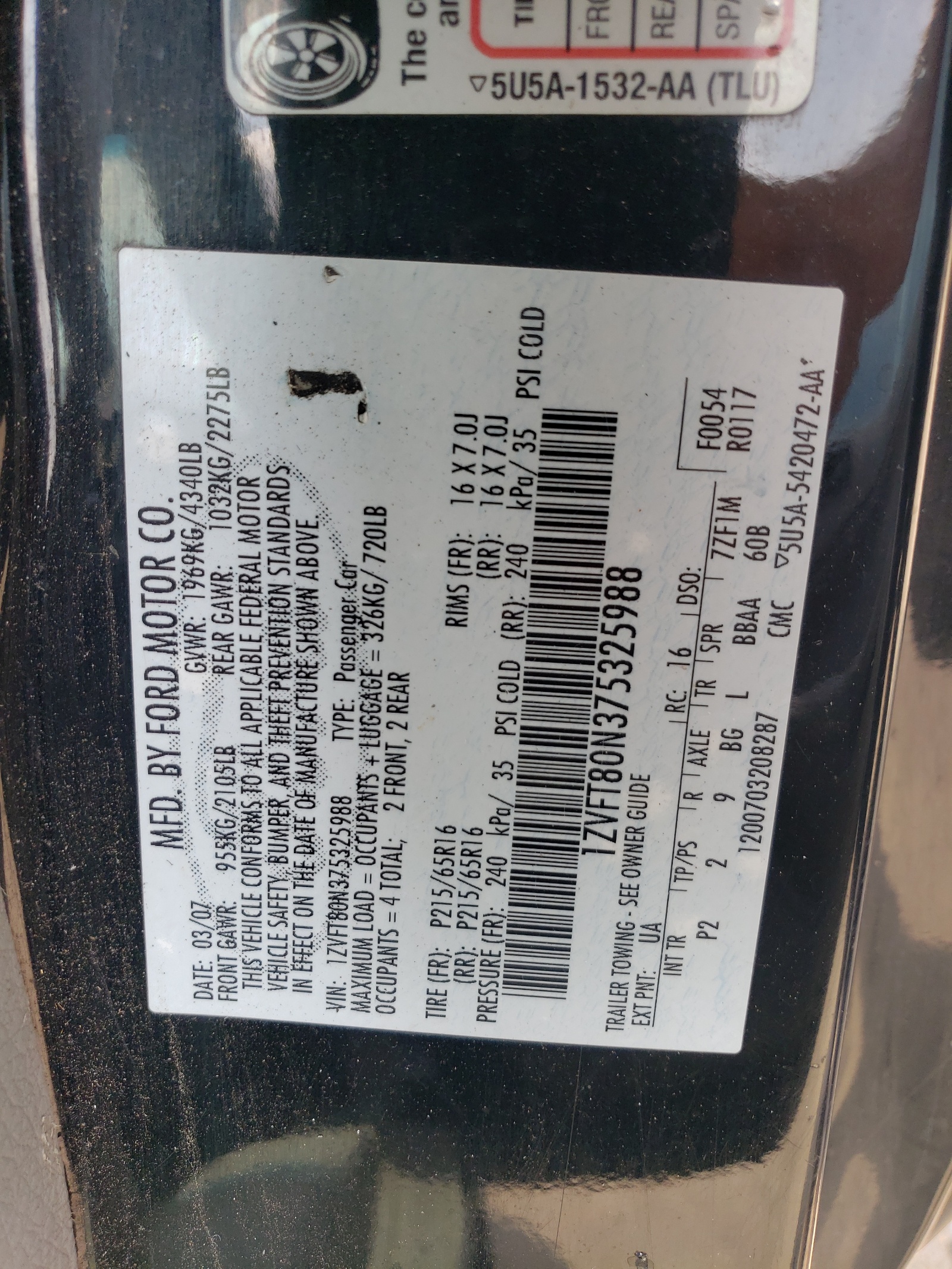 1ZVFT80N375325988 2007 Ford Mustang