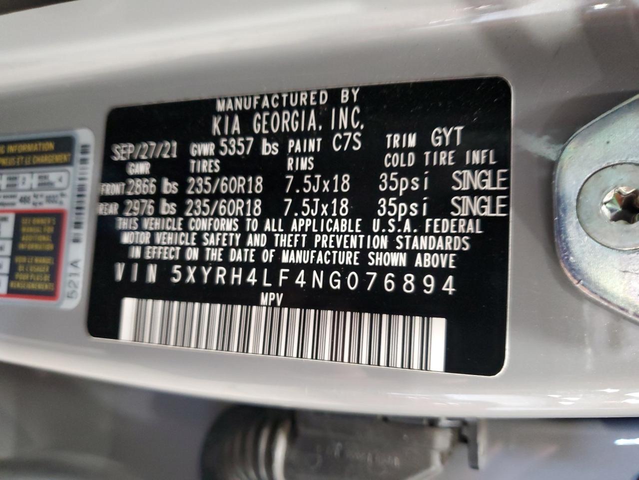 2022 Kia Sorento Ex VIN: 5XYRH4LF4NG076894 Lot: 64981484