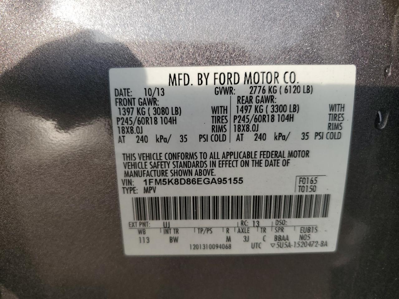 2014 Ford Explorer Xlt VIN: 1FM5K8D86EGA95155 Lot: 63518604