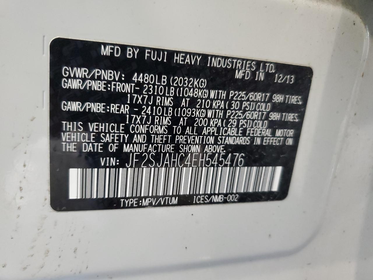 2014 Subaru Forester 2.5I Limited VIN: JF2SJAHC4EH545476 Lot: 63262764