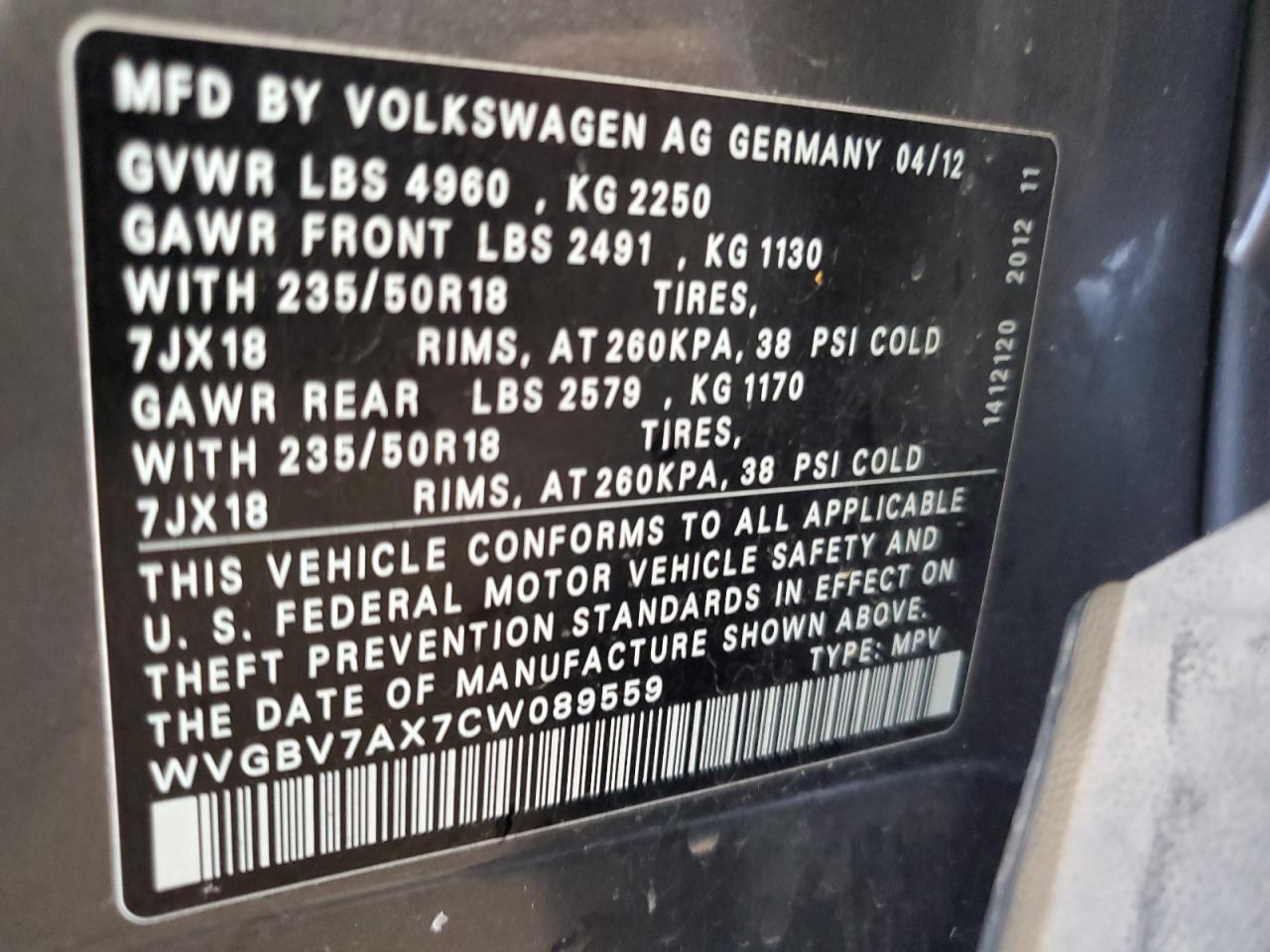 2012 Volkswagen Tiguan S VIN: WVGBV7AX7CW089559 Lot: 64758314