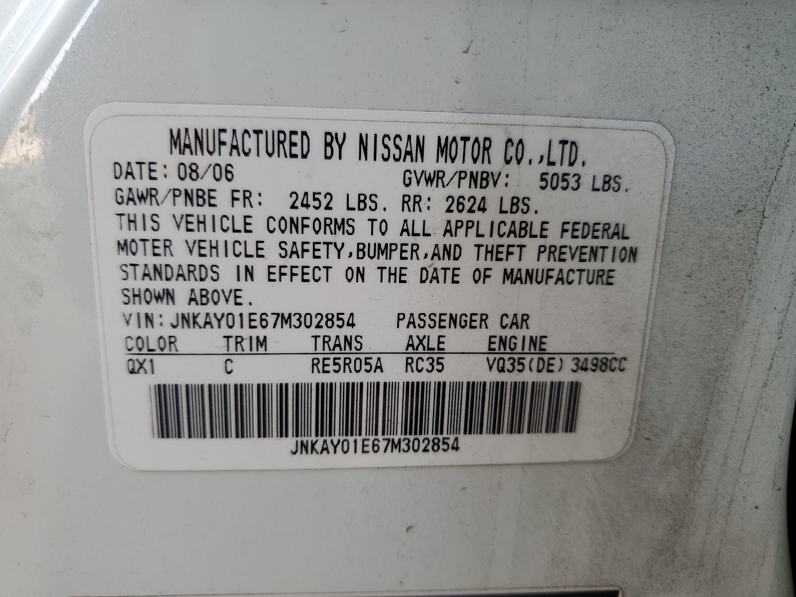 JNKAY01E67M302854 2007 Infiniti M35 Base