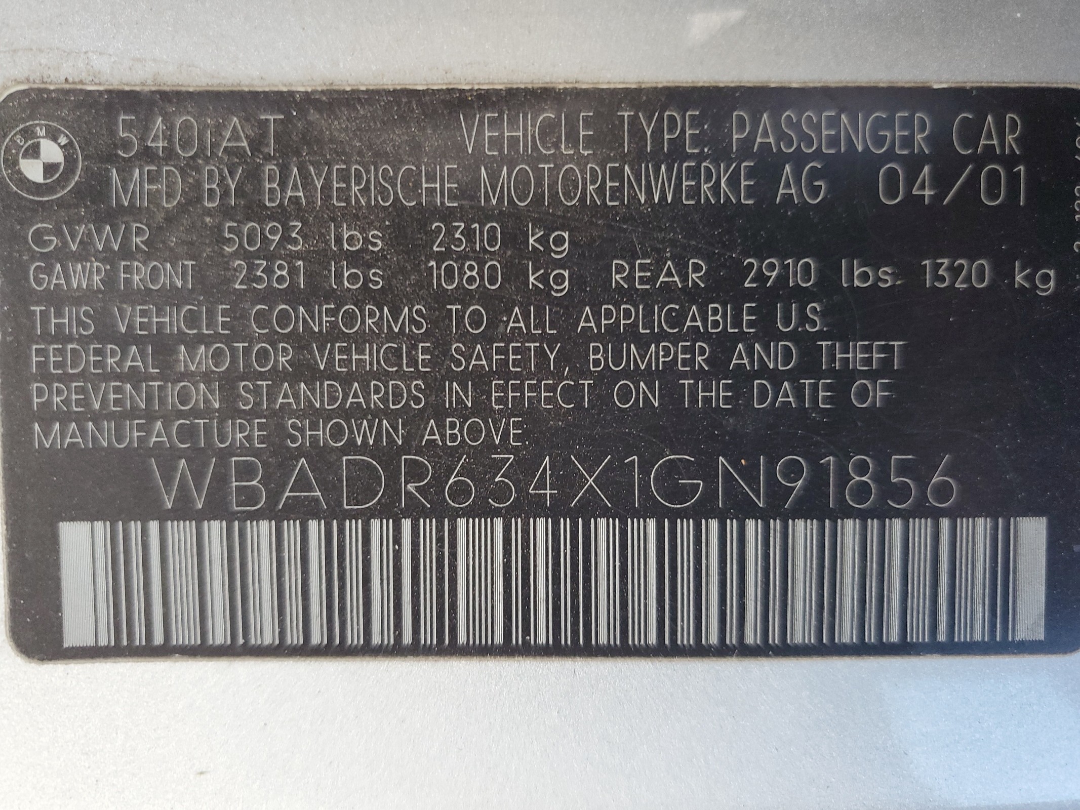 WBADR634X1GN91856 2001 BMW 540 It Automatic