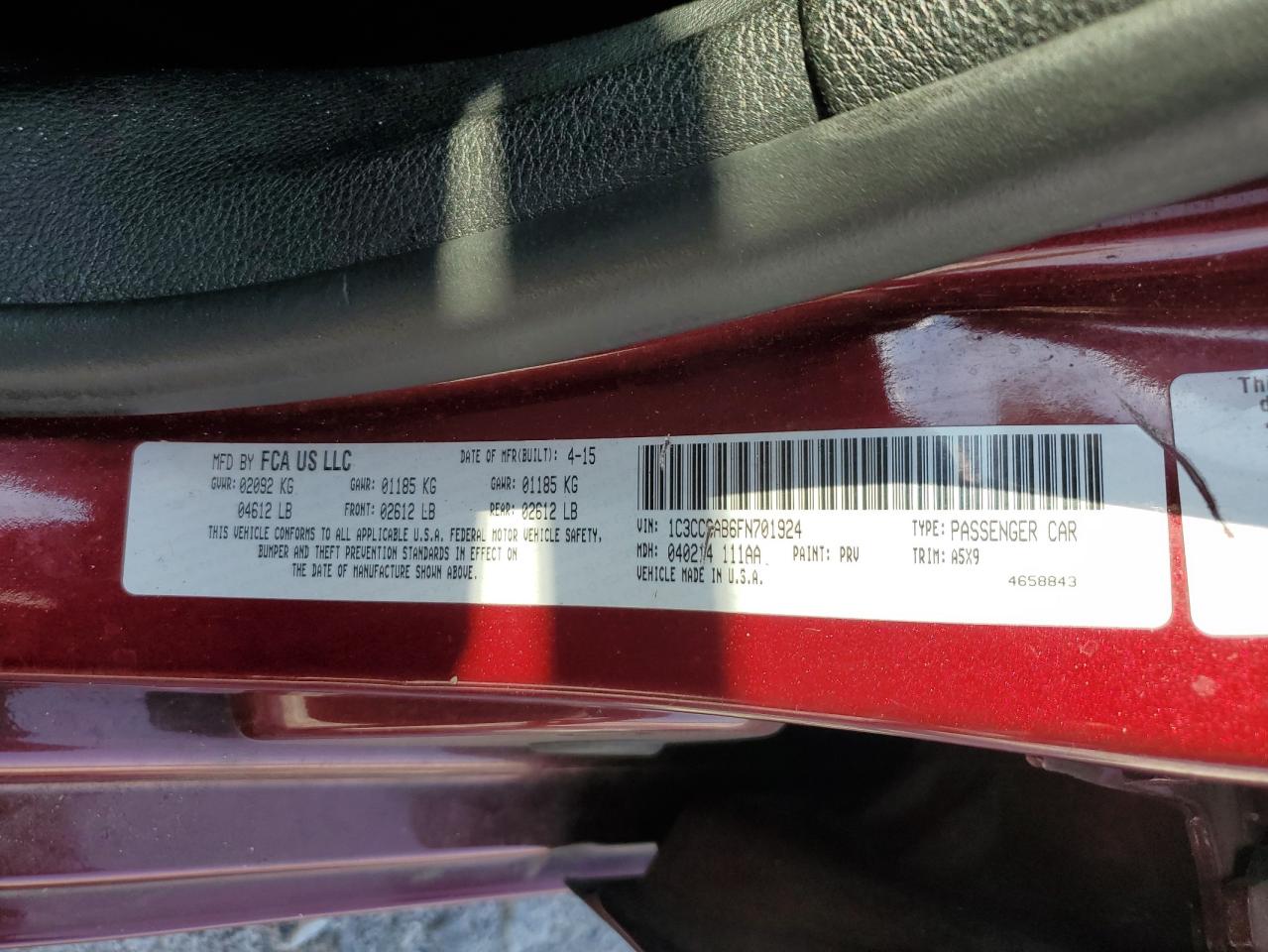 2015 Chrysler 200 Limited VIN: 1C3CCCAB6FN701924 Lot: 61846004