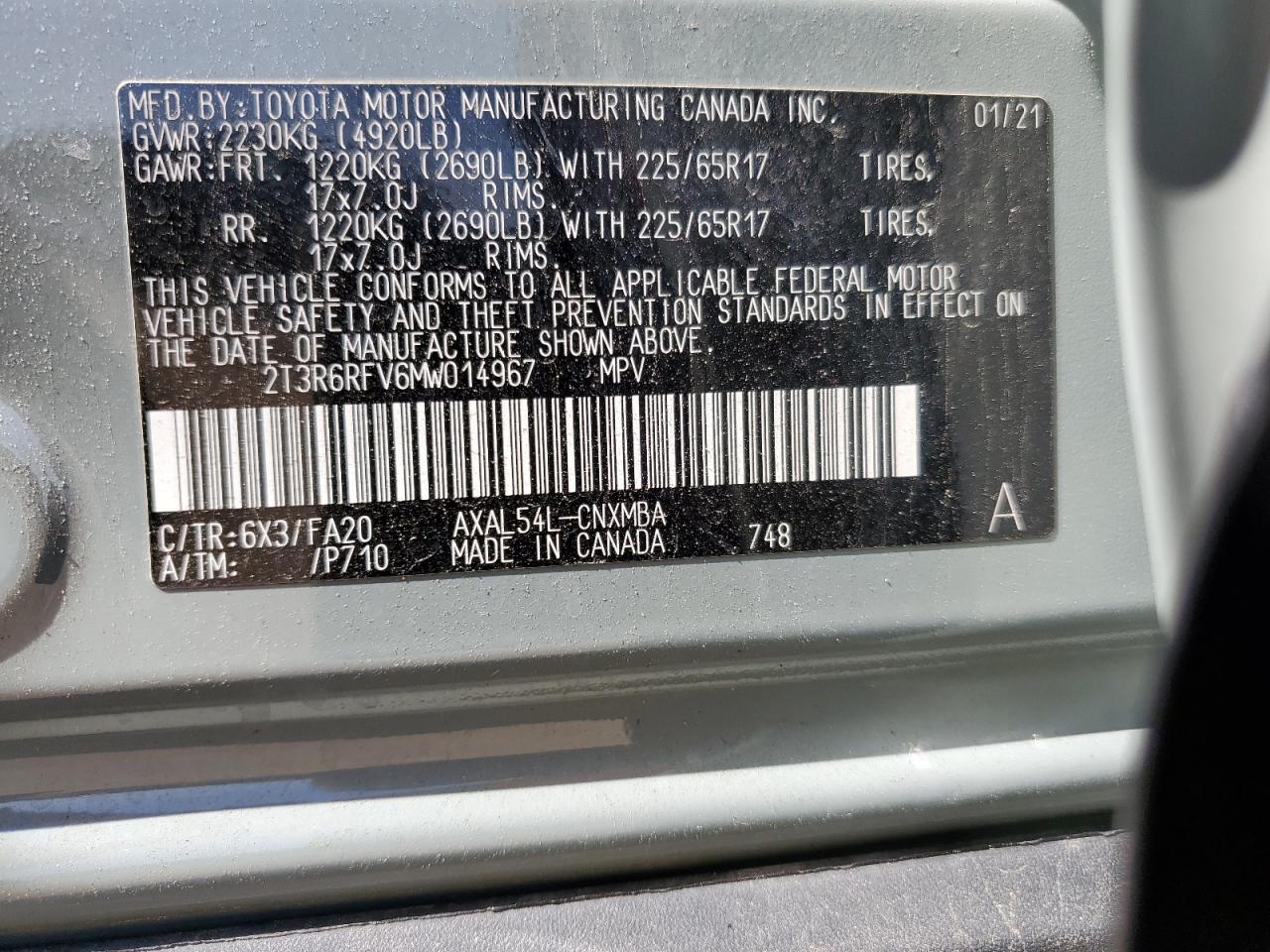 2T3R6RFV6MW014967 2021 Toyota Rav4 Xle