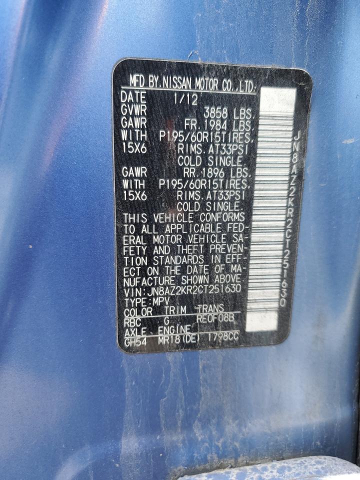 2012 Nissan Cube Base VIN: JN8AZ2KR2CT251630 Lot: 63472774