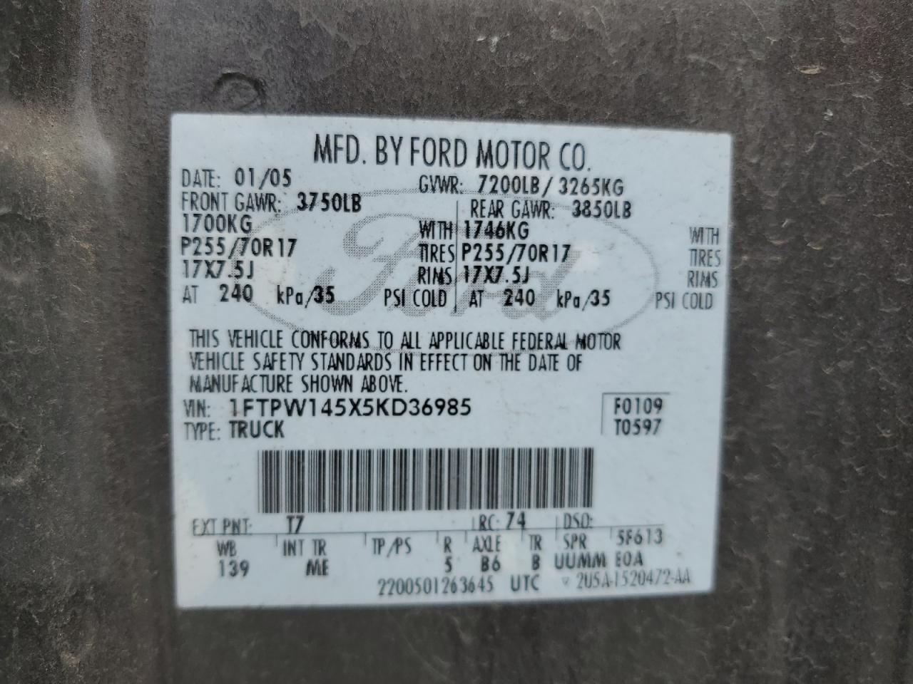 2005 Ford F150 Supercrew VIN: 1FTPW145X5KD36985 Lot: 63095024