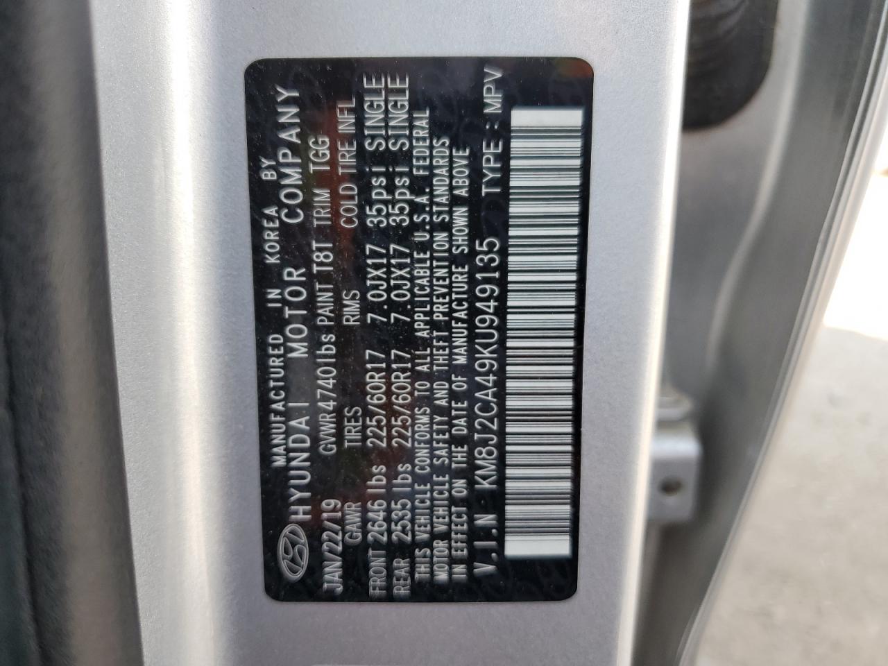 2019 Hyundai Tucson Se VIN: KM8J2CA49KU949135 Lot: 62086744