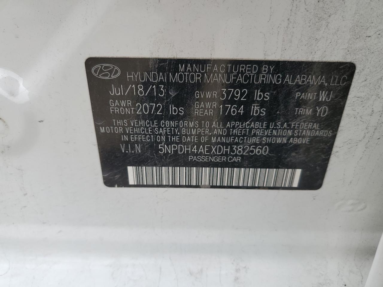 2013 Hyundai Elantra Gls VIN: 5NPDH4AEXDH382560 Lot: 62055964