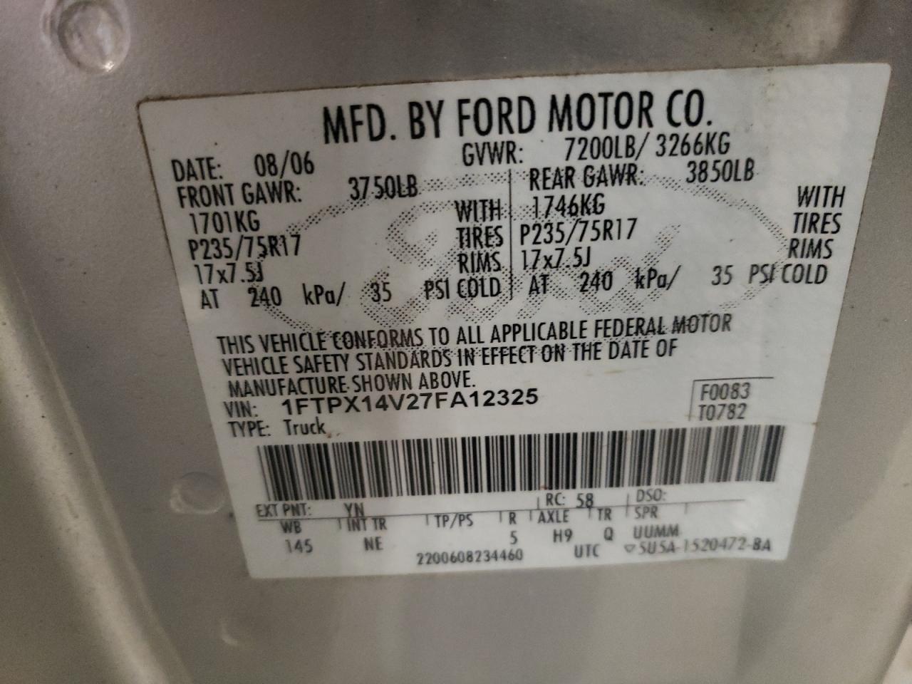 2007 Ford F150 VIN: 1FTPX14V27FA12325 Lot: 63285314