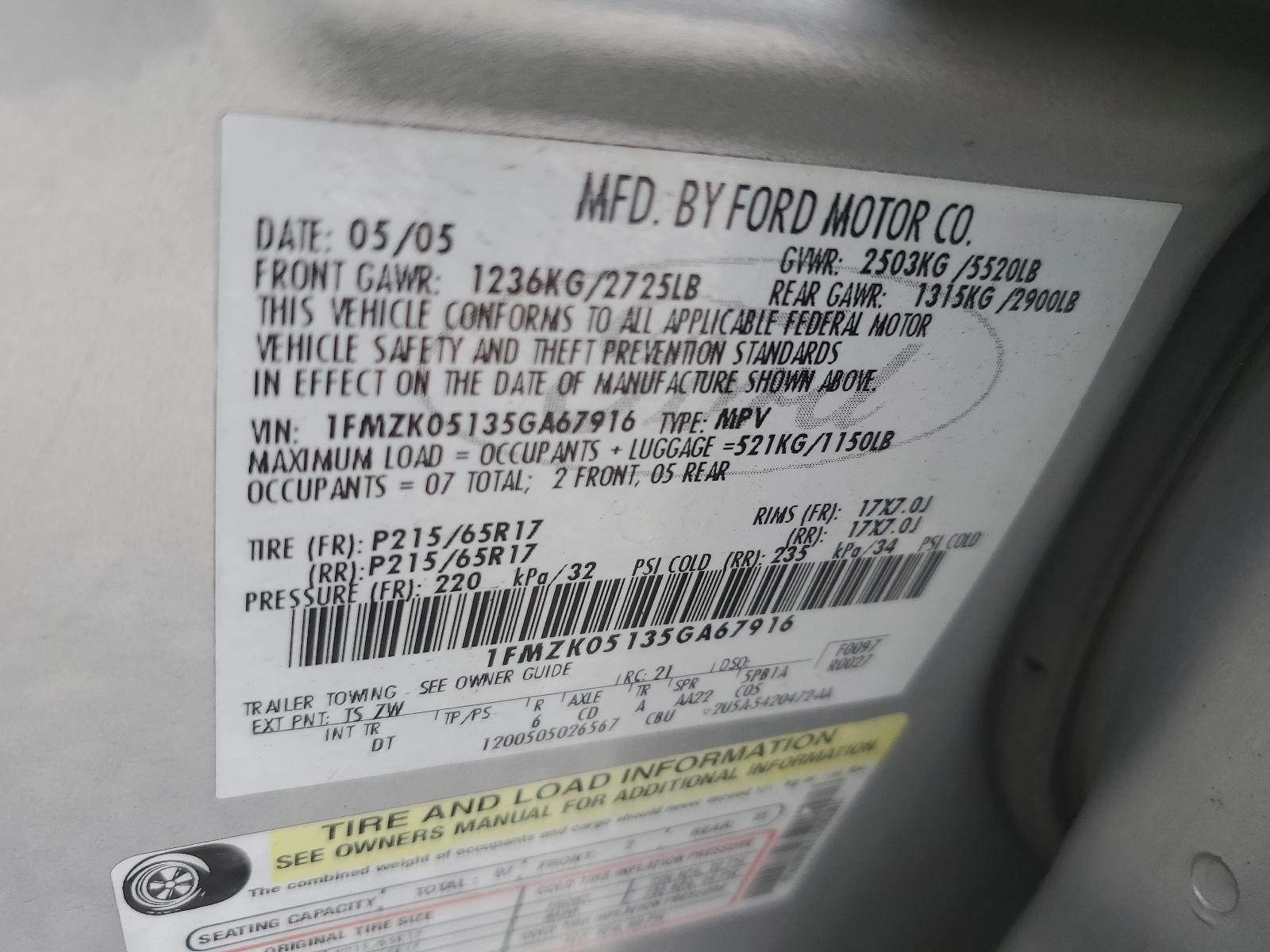 1FMZK05135GA67916 2005 Ford Freestyle Sel