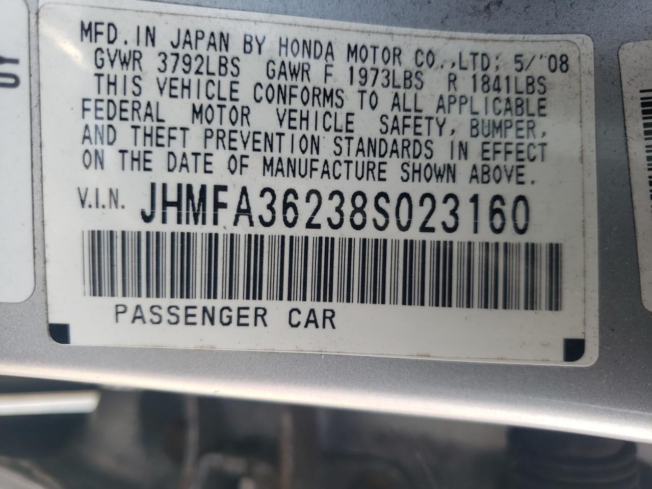 2008 Honda Civic Hybrid VIN: JHMFA36238S023160 Lot: 62928554