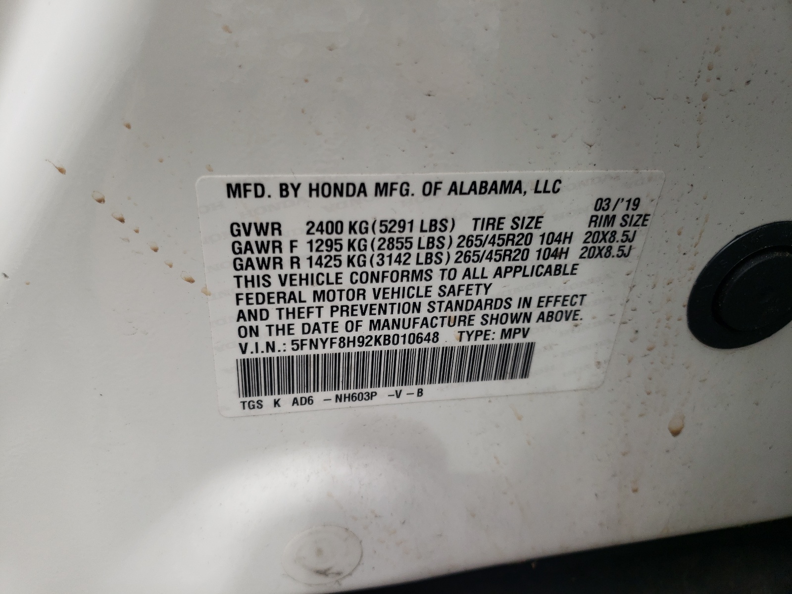 5FNYF8H92KB010648 2019 Honda Passport Touring