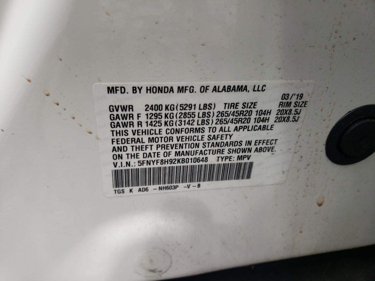 2019 Honda Passport Touring VIN: 5FNYF8H92KB010648 Lot: 64642184