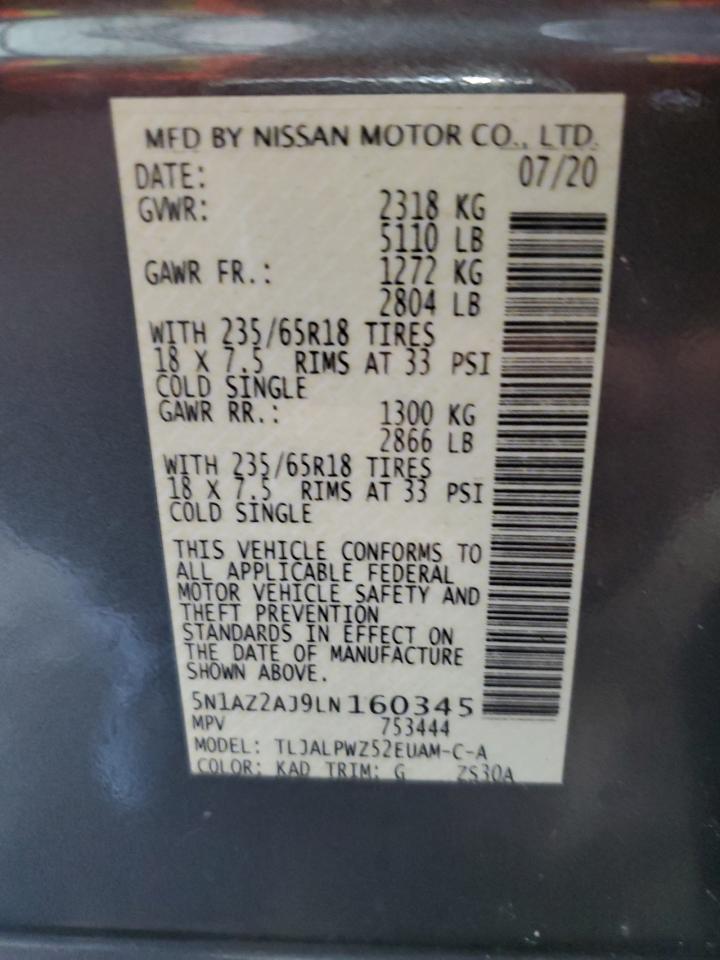 2020 Nissan Murano S VIN: 5N1AZ2AJ9LN160345 Lot: 63445854