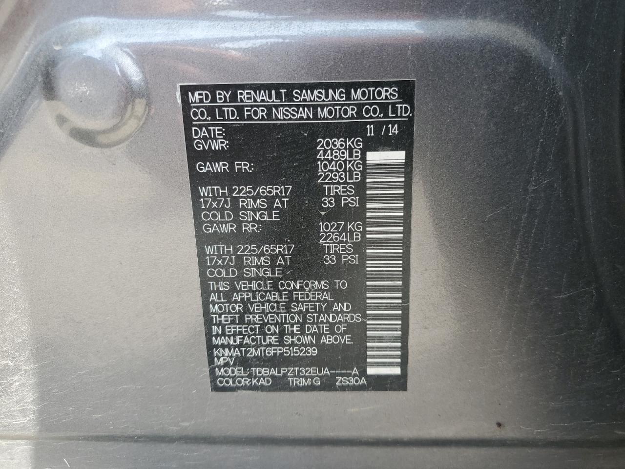 2015 Nissan Rogue S VIN: KNMAT2MT6FP515239 Lot: 64238144