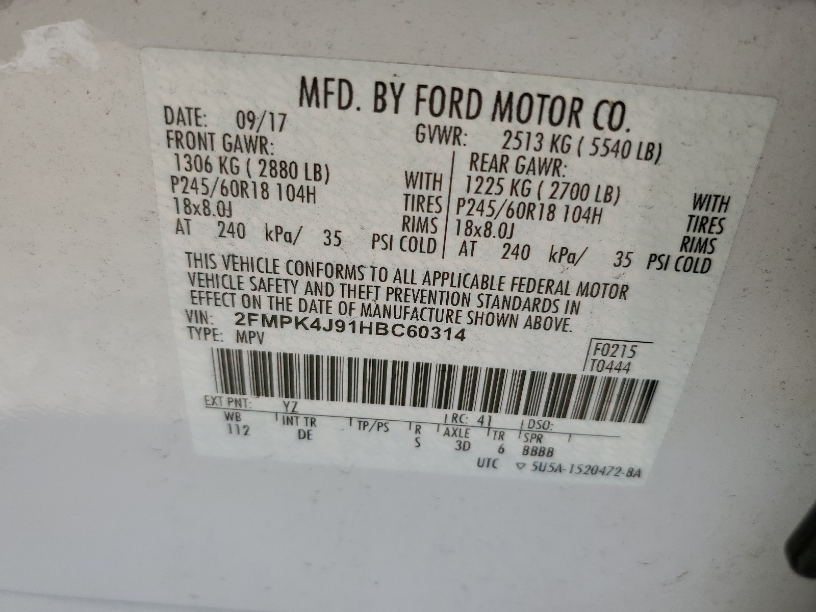 2FMPK4J91HBC60314 2017 Ford Edge Sel