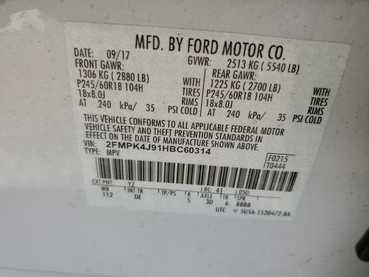 2017 Ford Edge Sel VIN: 2FMPK4J91HBC60314 Lot: 64168294