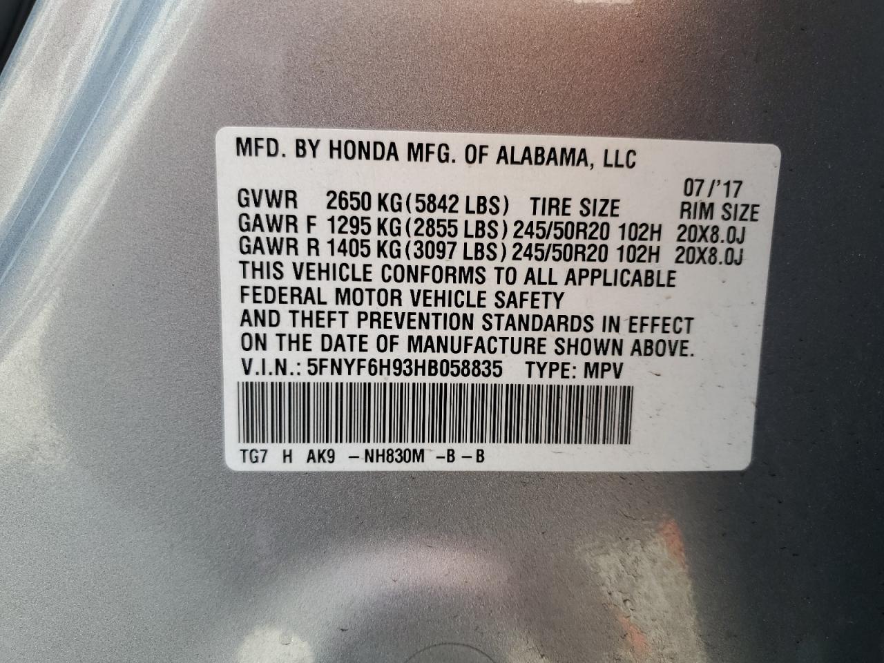 2017 Honda Pilot Touring VIN: 5FNYF6H93HB058835 Lot: 63218854