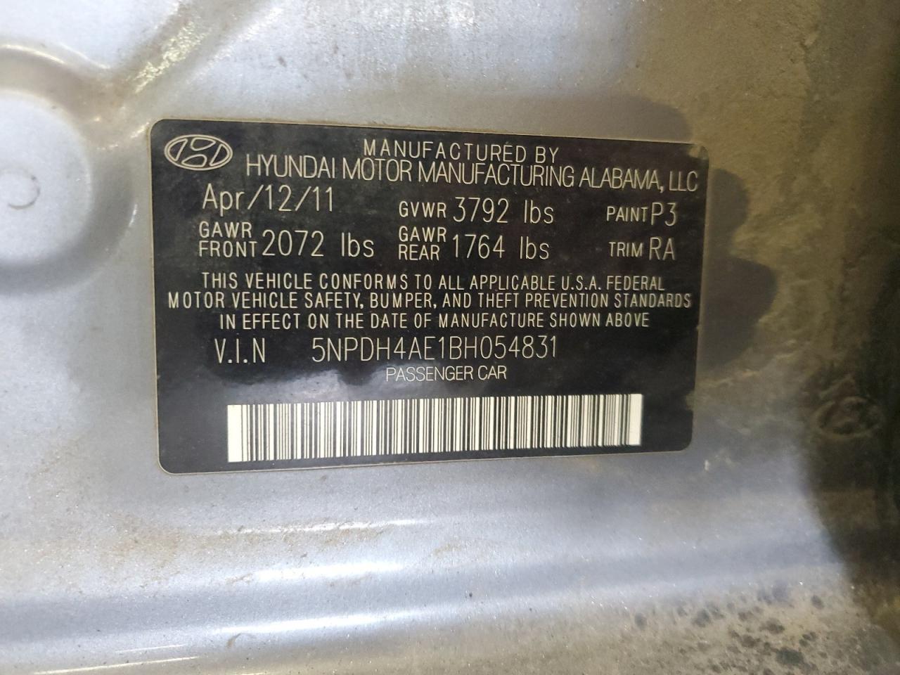 2011 Hyundai Elantra Gls VIN: 5NPDH4AE1BH054831 Lot: 63609994