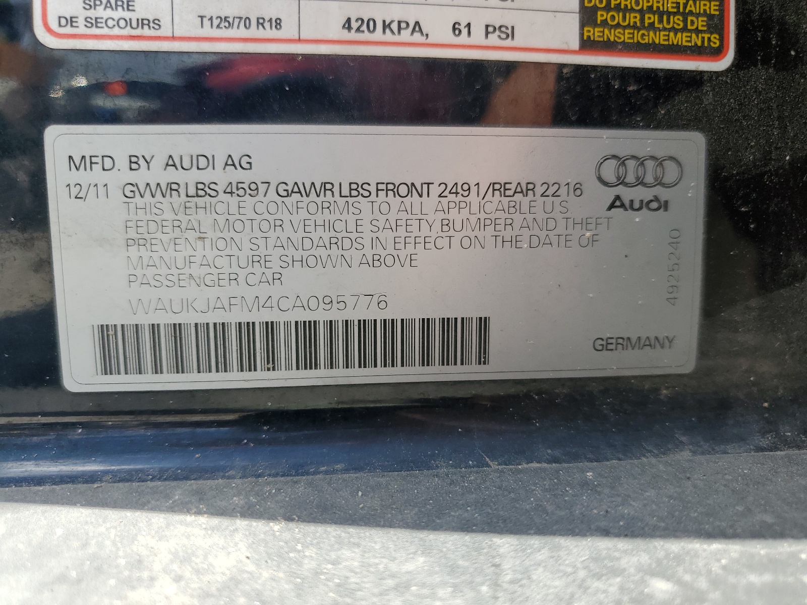 WAUKJAFM4CA095776 2012 Audi A3 Premium Plus