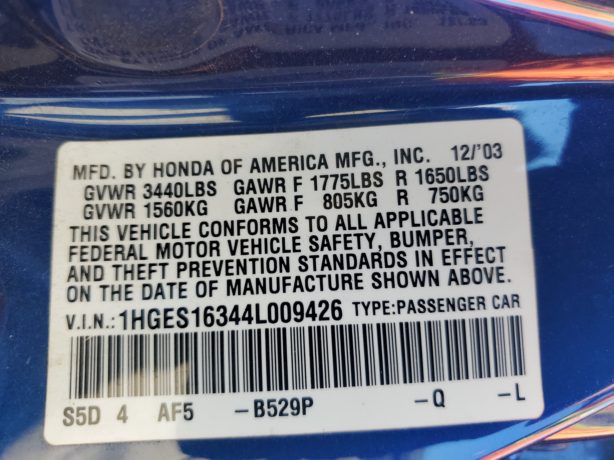 1HGES16344L009426 2004 Honda Civic Dx Vp