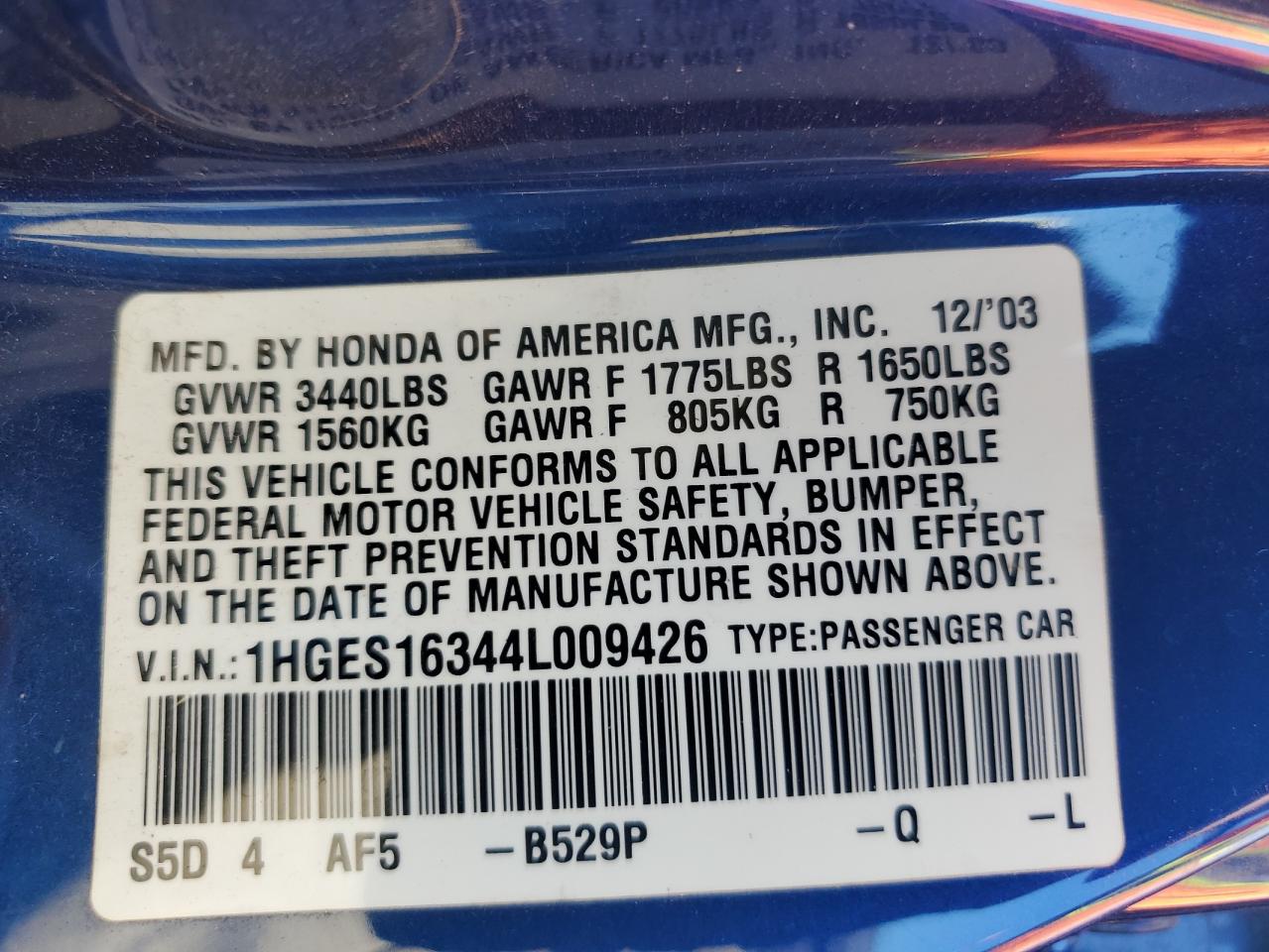 2004 Honda Civic Dx Vp VIN: 1HGES16344L009426 Lot: 62183874