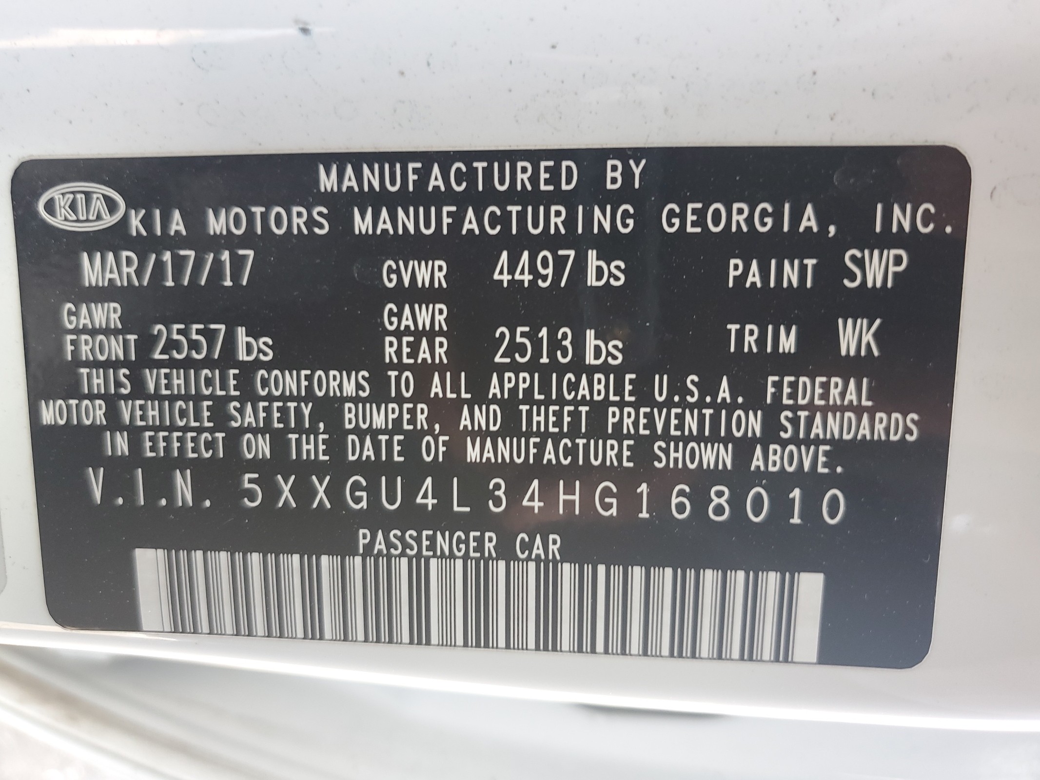 5XXGU4L34HG168010 2017 Kia Optima Ex