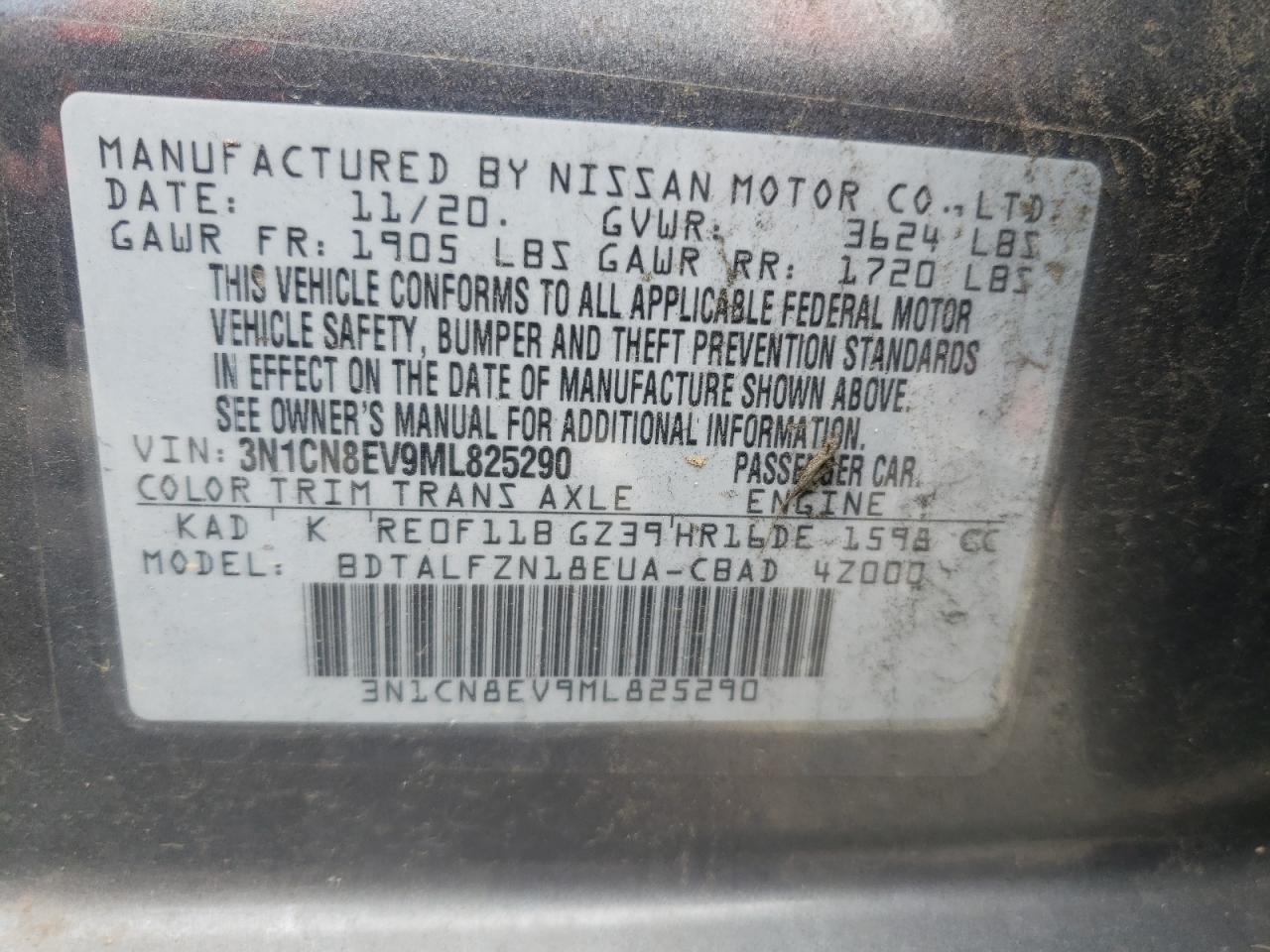 2021 Nissan Versa Sv VIN: 3N1CN8EV9ML825290 Lot: 64416544