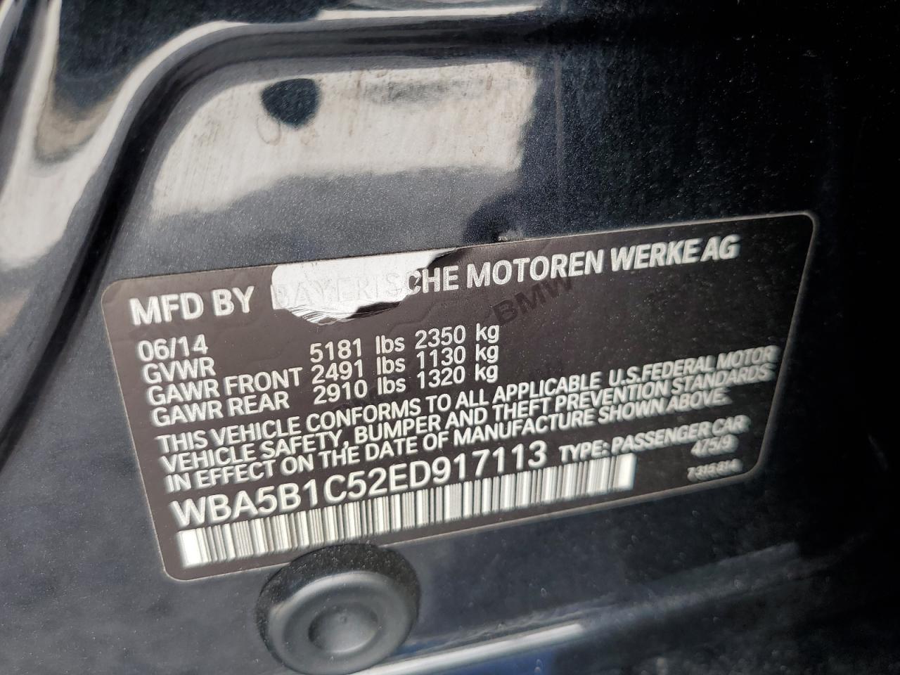 2014 BMW 535 I VIN: WBA5B1C52ED917113 Lot: 63626584