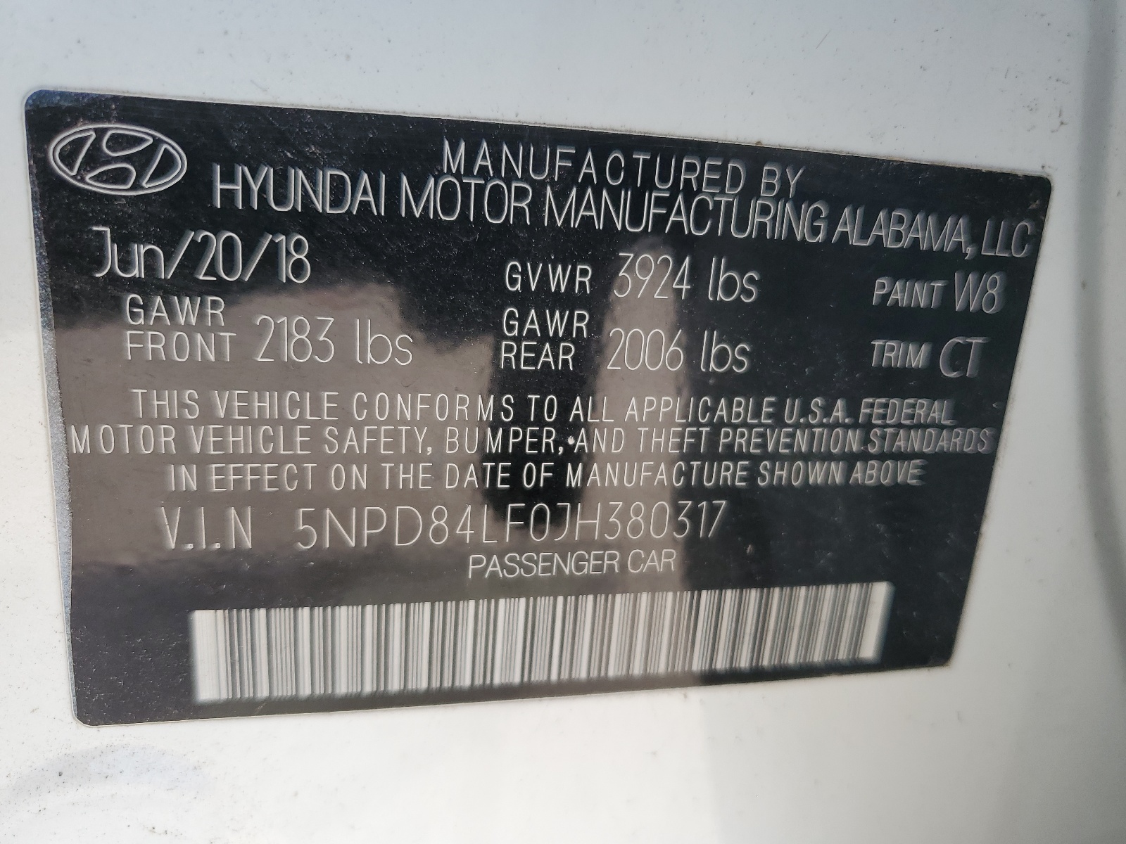 2018 Hyundai Elantra Sel vin: 5NPD84LF0JH380317