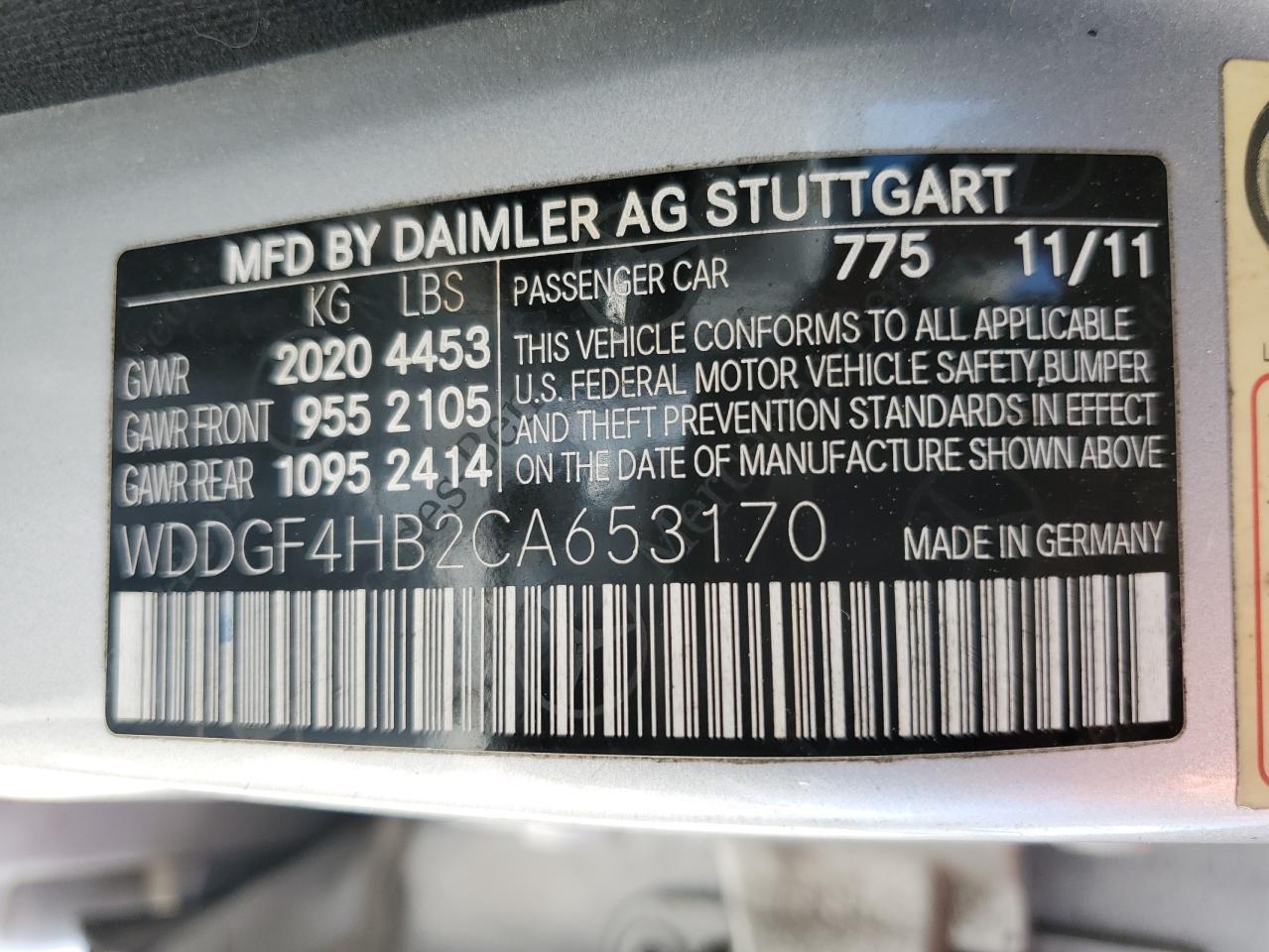 2012 Mercedes-Benz C 250 VIN: WDDGF4HB2CA653170 Lot: 62090354