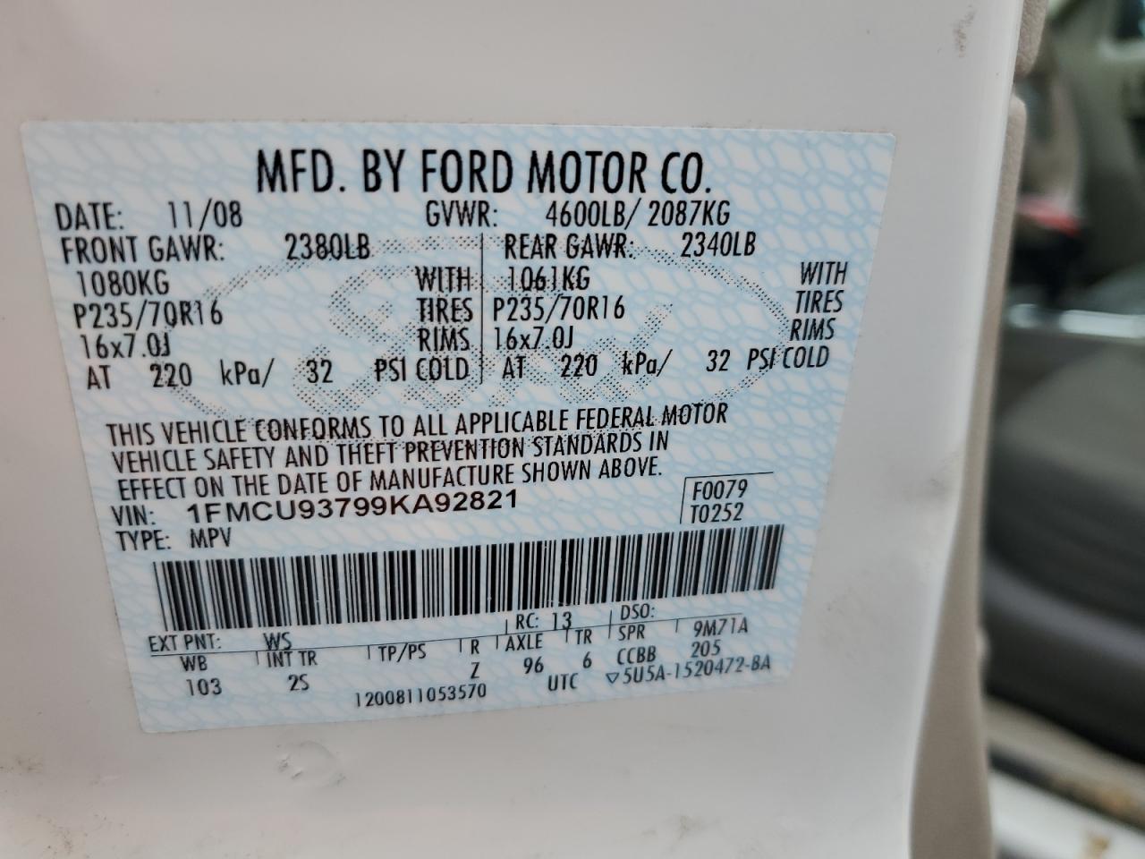 2009 Ford Escape Xlt VIN: 1FMCU93799KA92821 Lot: 64737694
