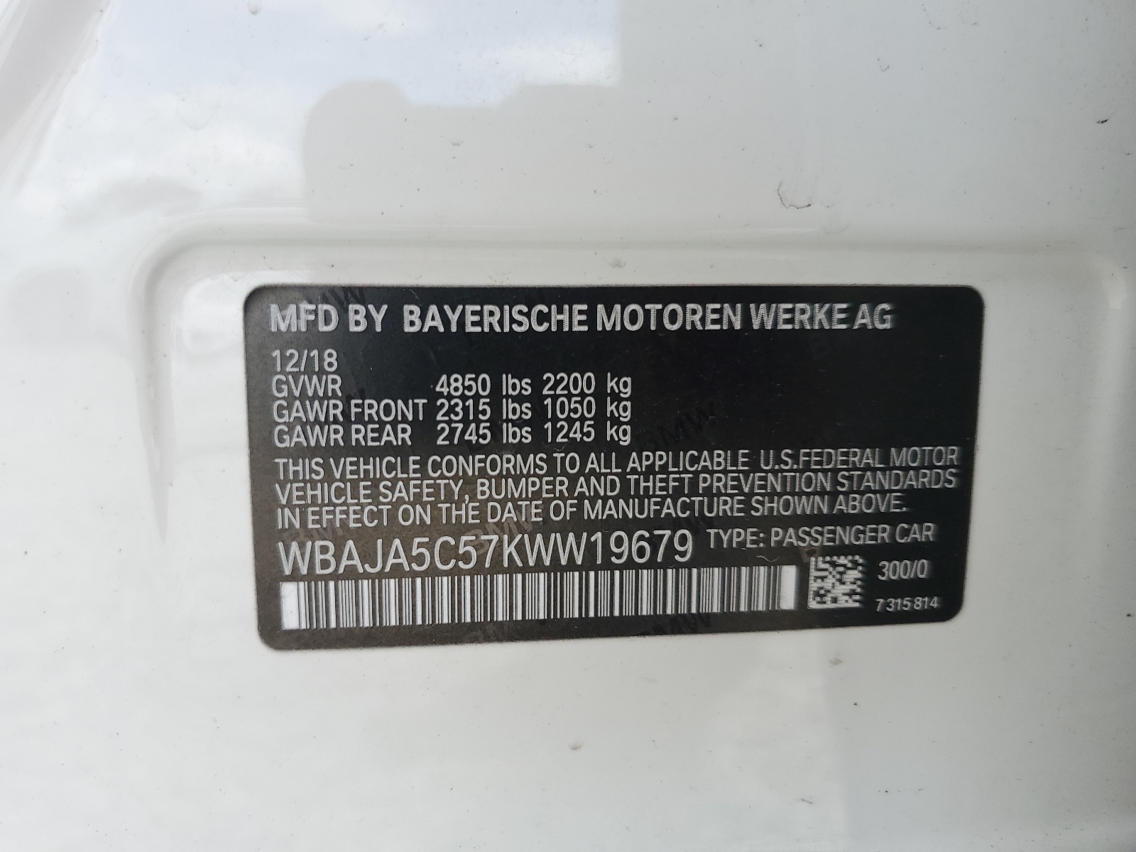 WBAJA5C57KWW19679 2019 BMW 530 I