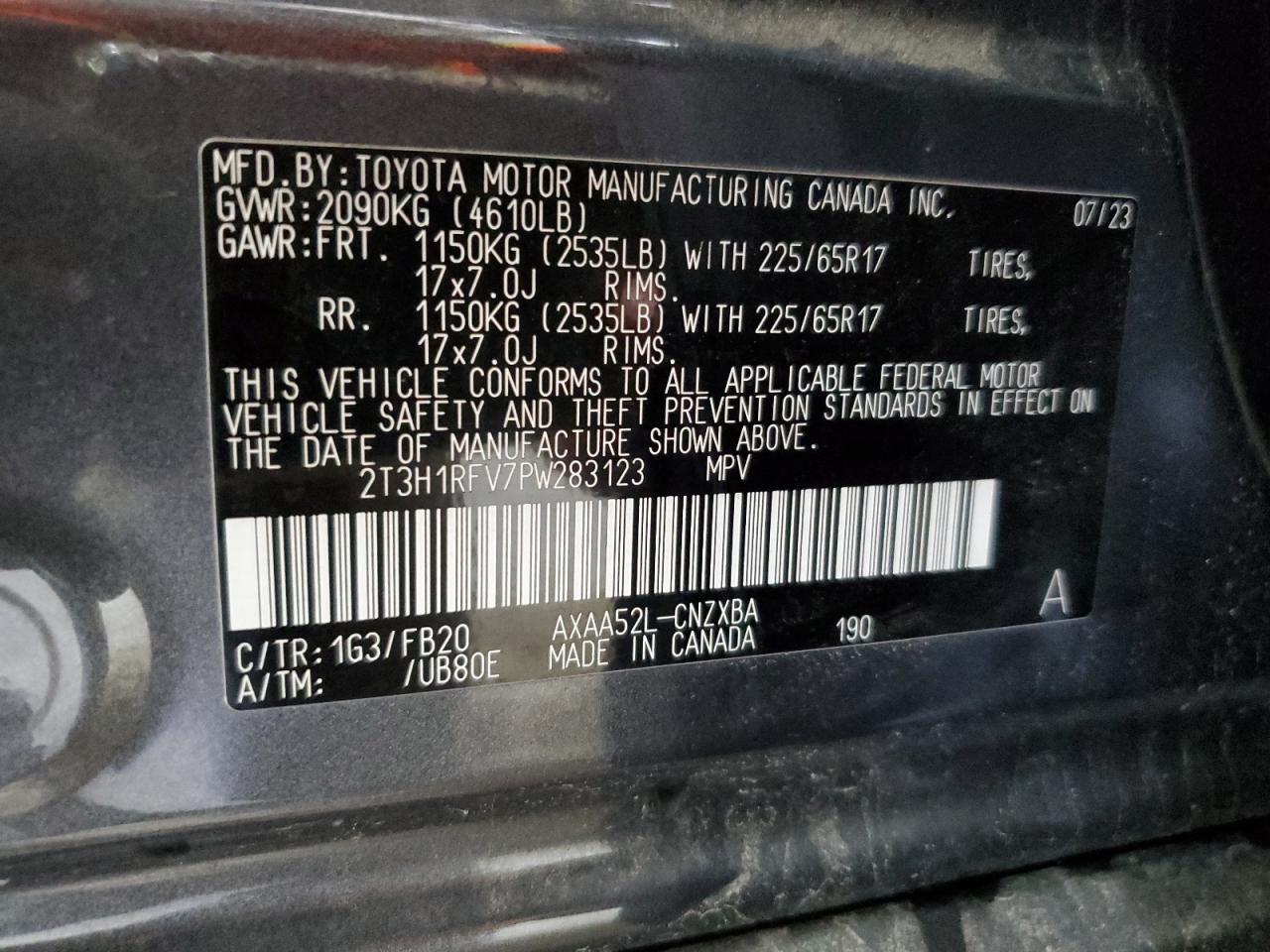 2023 Toyota Rav4 Le VIN: 2T3H1RFV7PW283123 Lot: 63938904