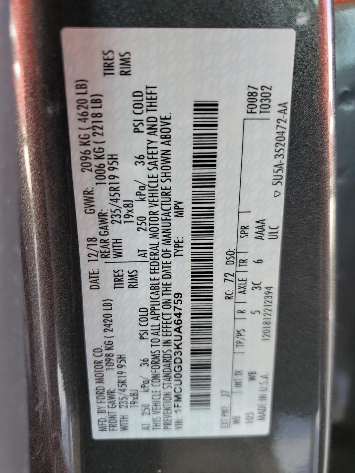 2019 Ford Escape Se VIN: 1FMCU0GD3KUA64759 Lot: 64794074