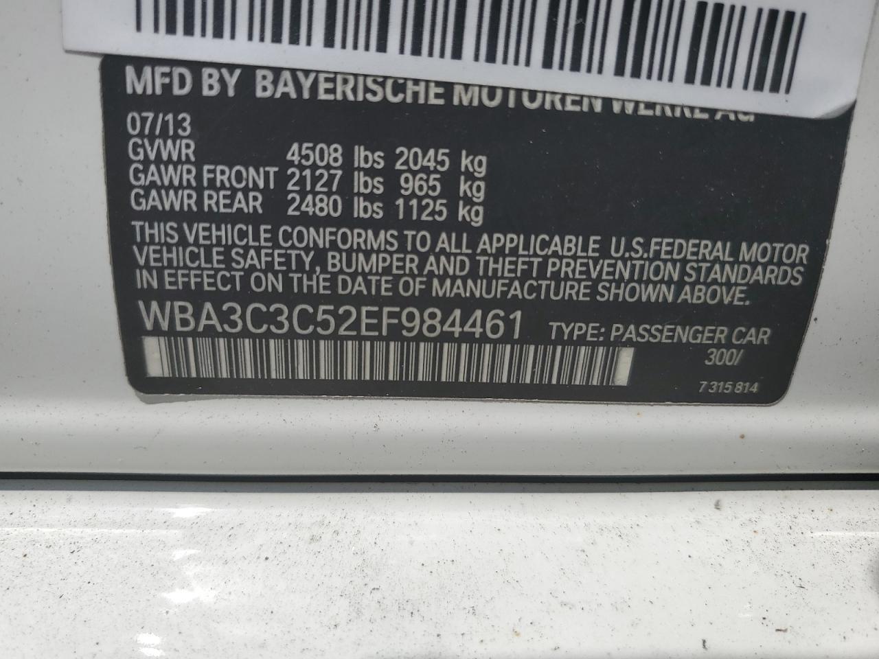 2014 BMW 320 I xDrive VIN: WBA3C3C52EF984461 Lot: 62796674