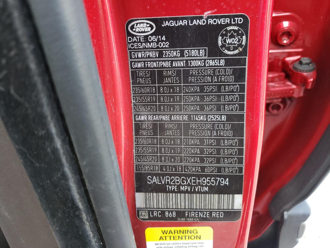 2014 Land Rover Range Rover Evoque Pure Premium VIN: SALVR2BGXEH955794 Lot: 62112634