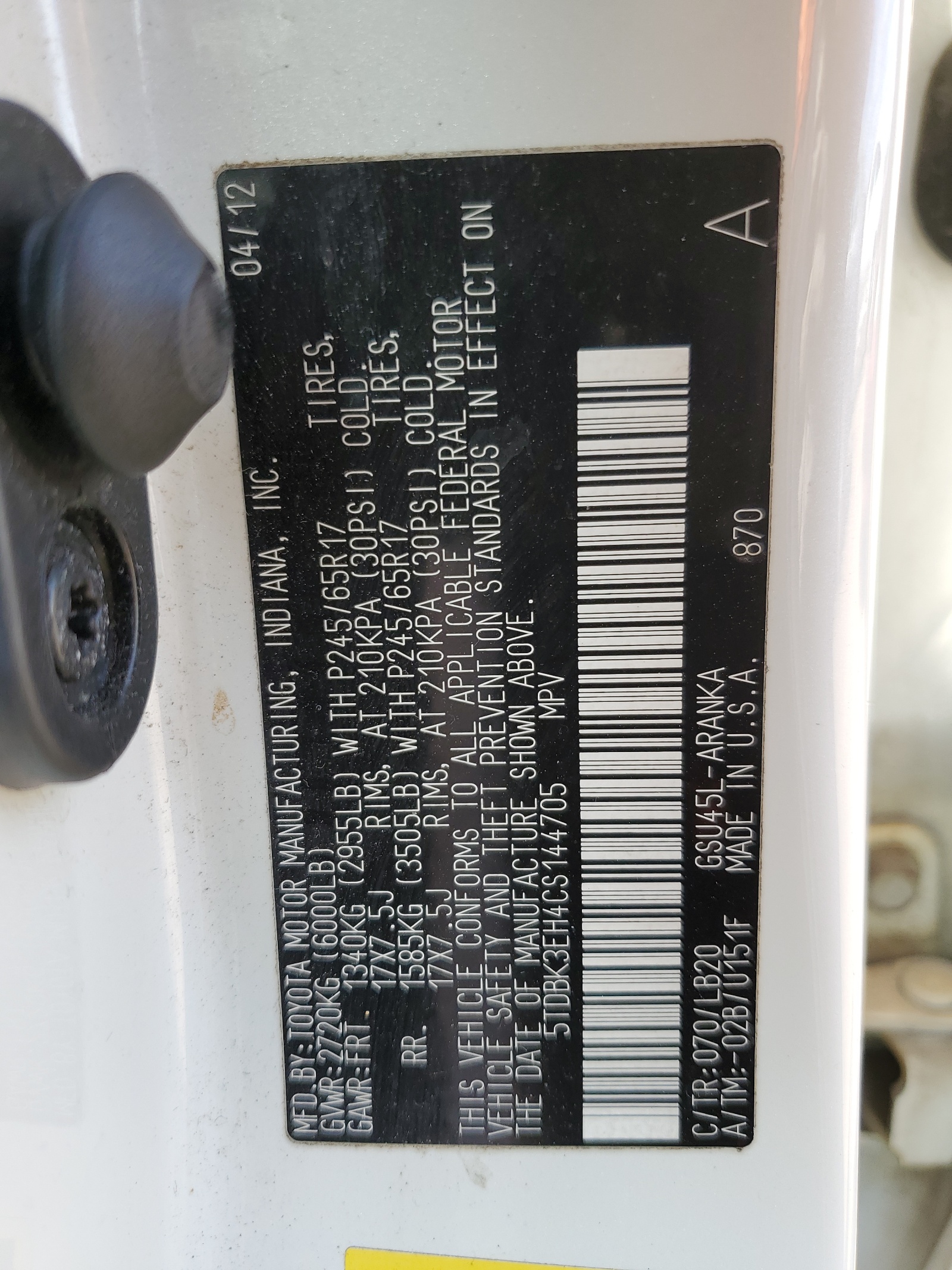 5TDBK3EH4CS144705 2012 Toyota Highlander Base