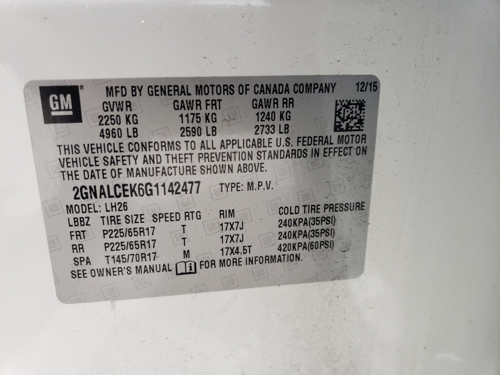 2GNALCEK6G1142477 2016 Chevrolet Equinox Lt