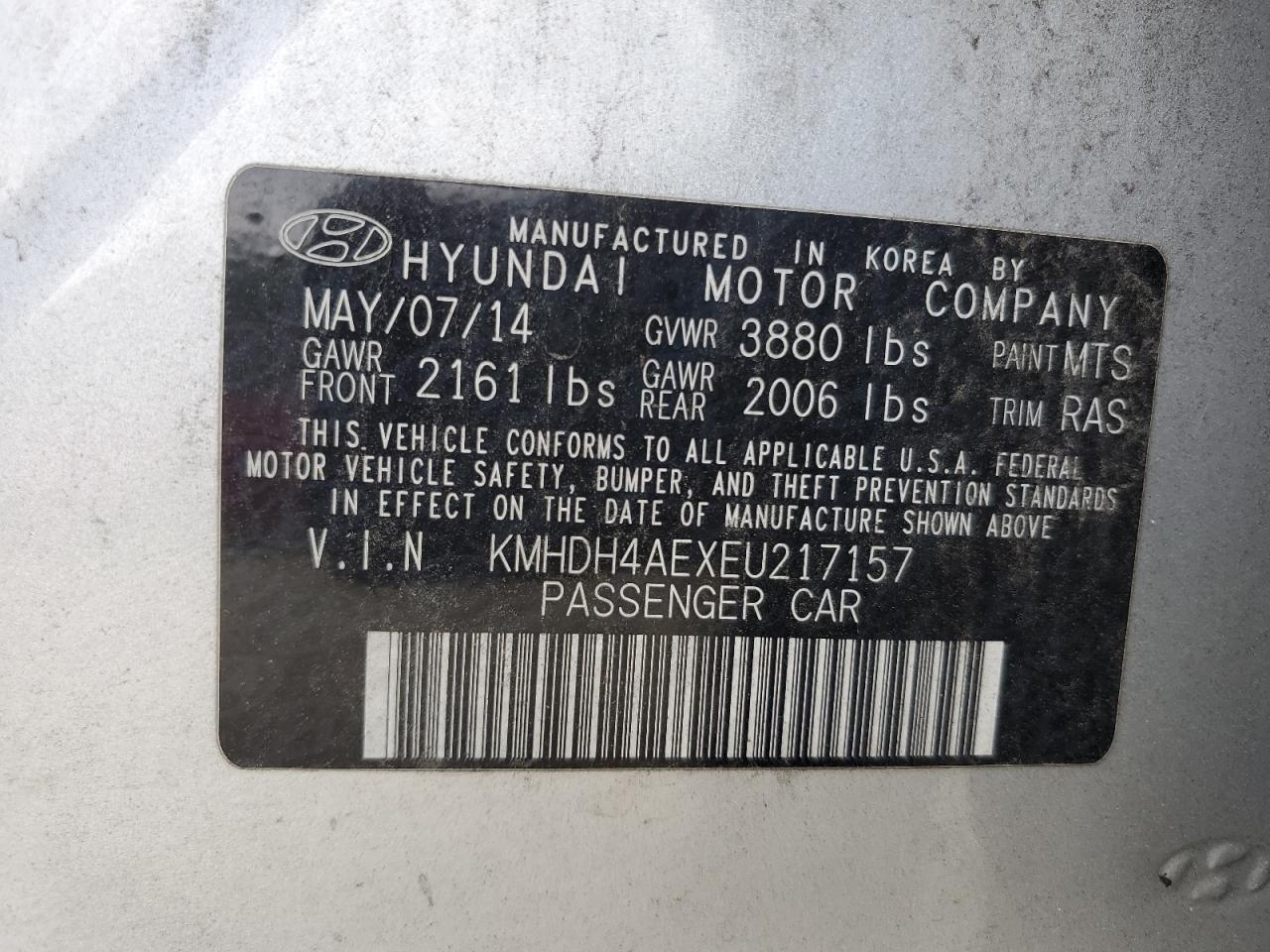 KMHDH4AEXEU217157 2014 Hyundai Elantra Se