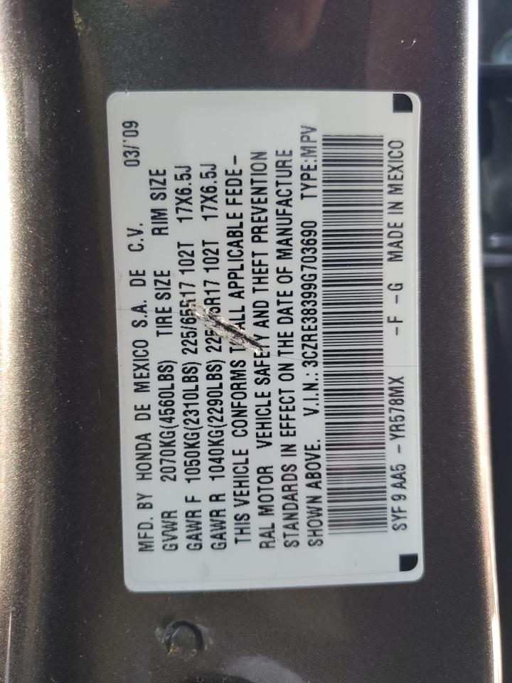 2009 Honda Cr-V Lx VIN: 3CZRE38399G703690 Lot: 62037304