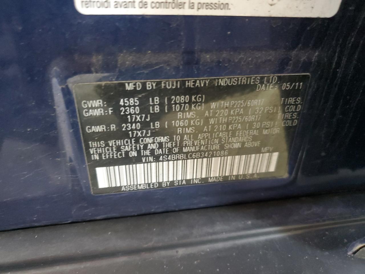 2011 Subaru Outback 2.5I Limited VIN: 4S4BRBLC6B3421086 Lot: 64696224