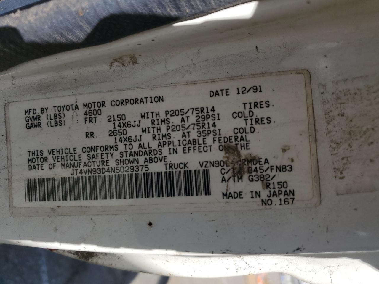 1992 Toyota Pickup 1/2 Ton Extra Long Wheelbase Dlx VIN: JT4VN93D4N5029375 Lot: 65154244